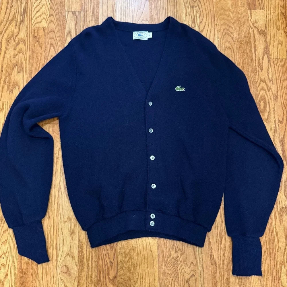 Izod Lacoste Vintage 70's 80's Blue Cardigan Sweater Grandpa Acrylic Large EUC